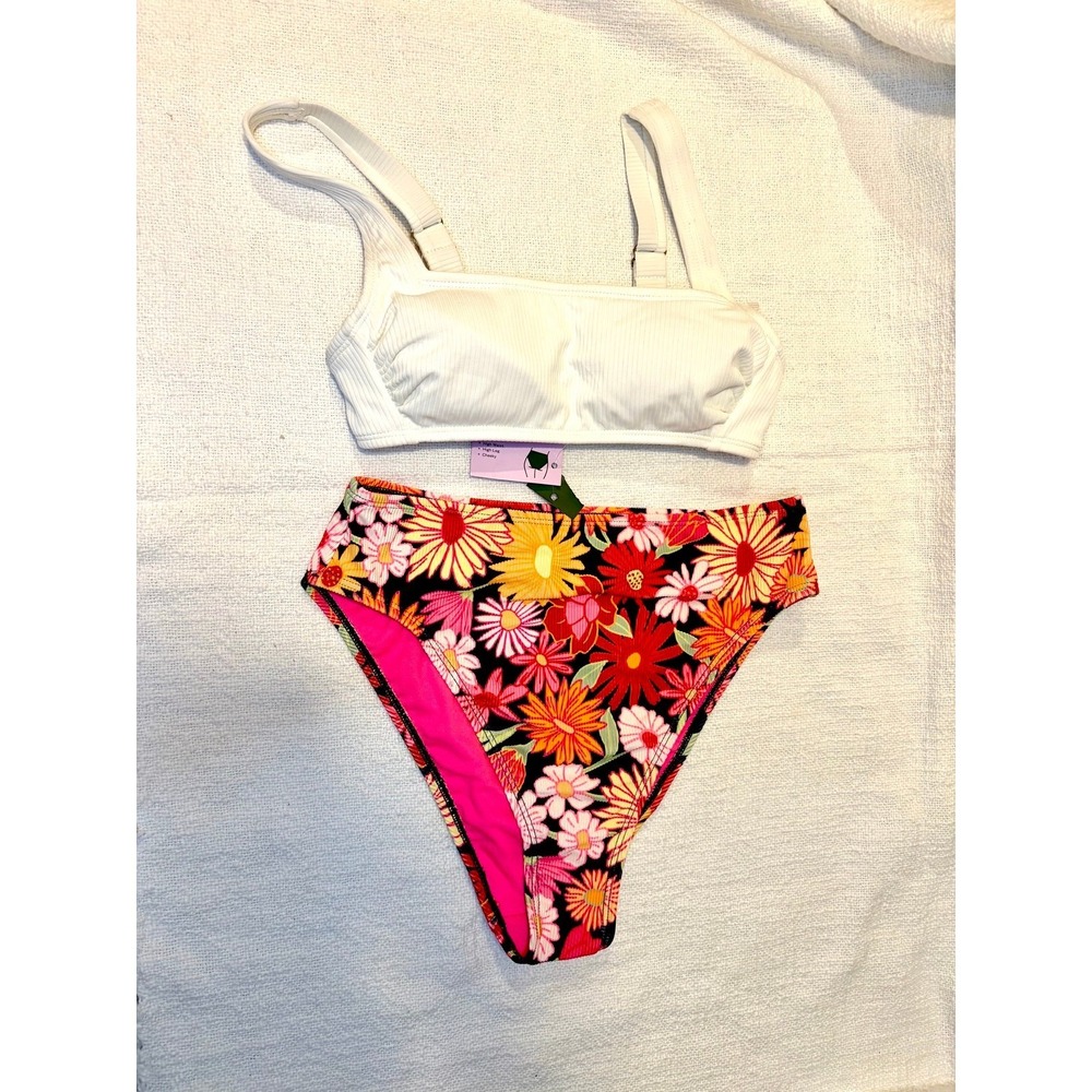 Bikini Set - Mix & Match- White Ribbed Bralette & Robbed High leg  Floral Botton